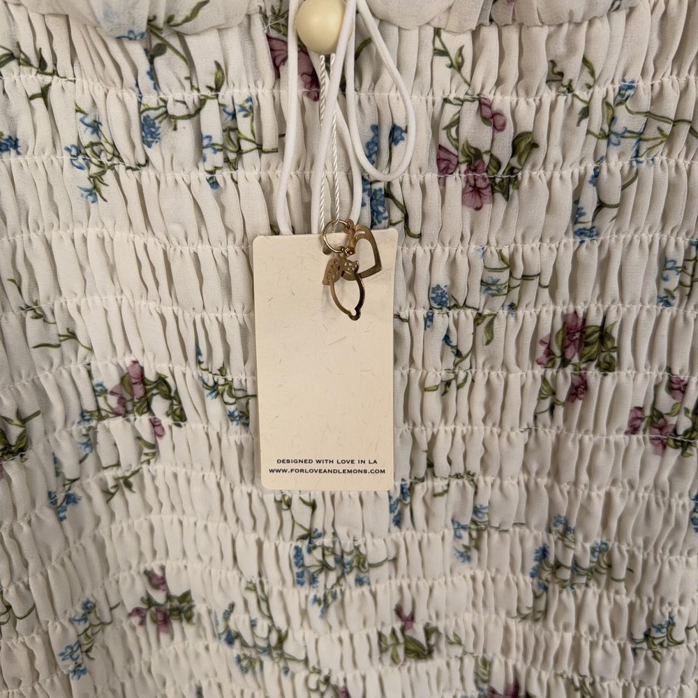 For Love & Lemons Dress Womens Medium White Floral Smocked Mini Puff Sleeve NWT - Picture 5 of 14